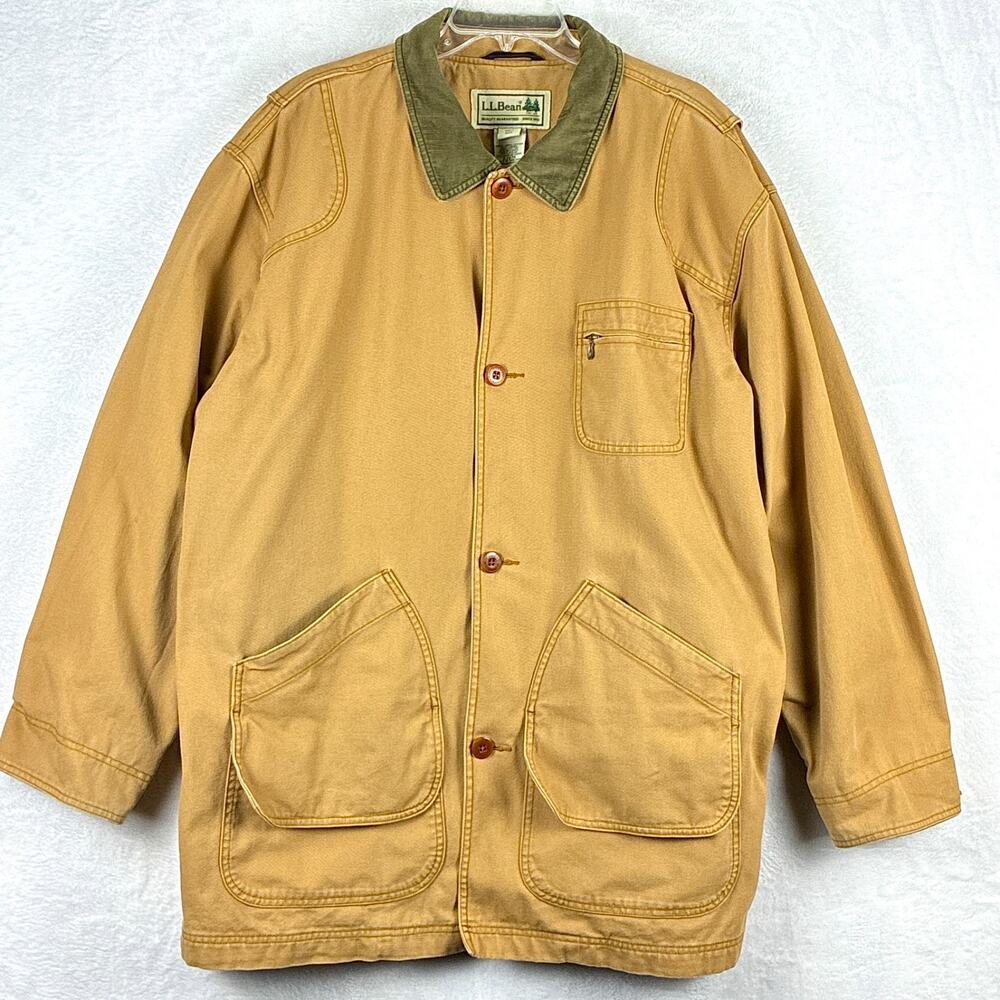 VTG LL Bean Chore Coat Mens 2XLT Tan Flannel Lined Field Barn Jacket Corduroy